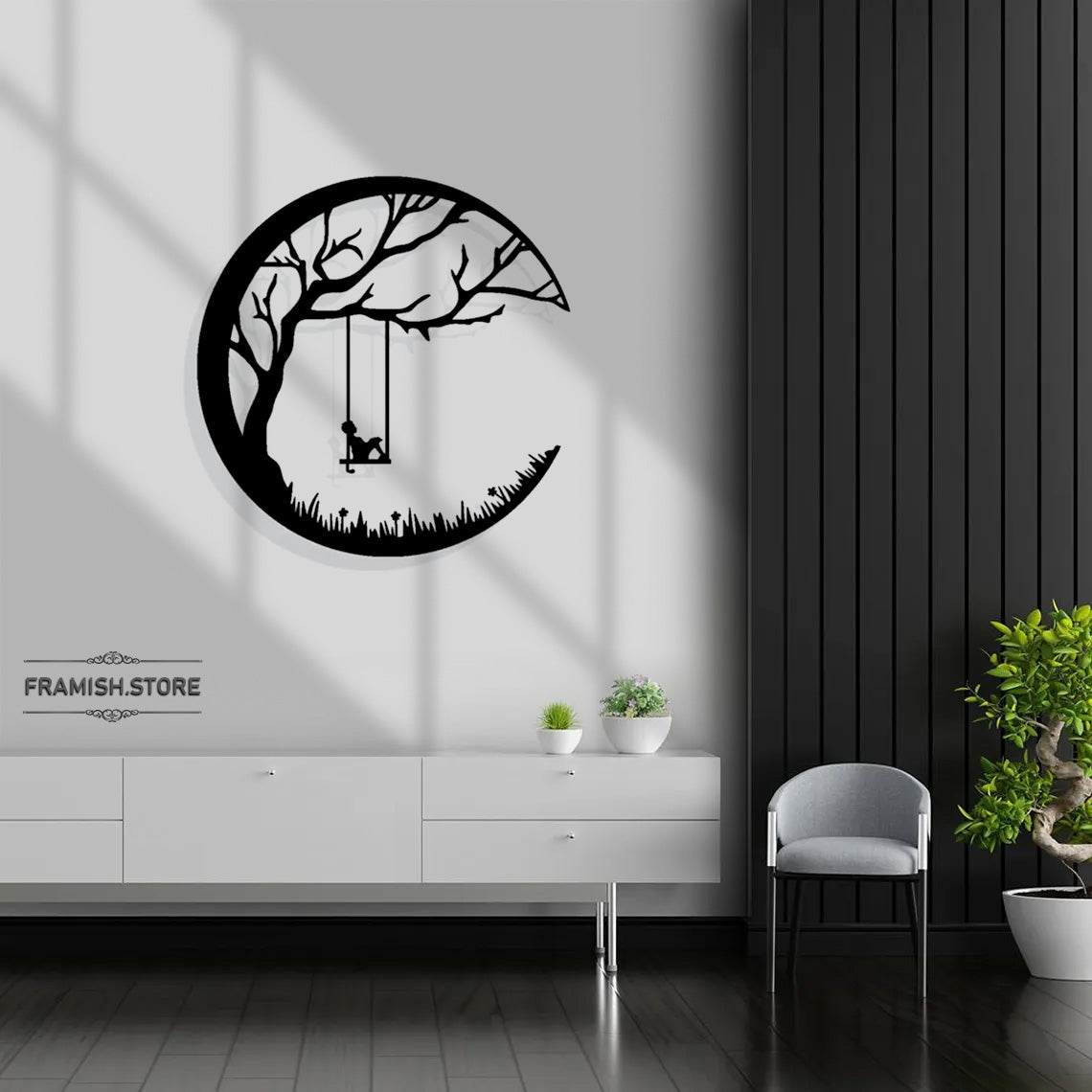 MOON WITH TREE METAL FRAME WITH LIGHT